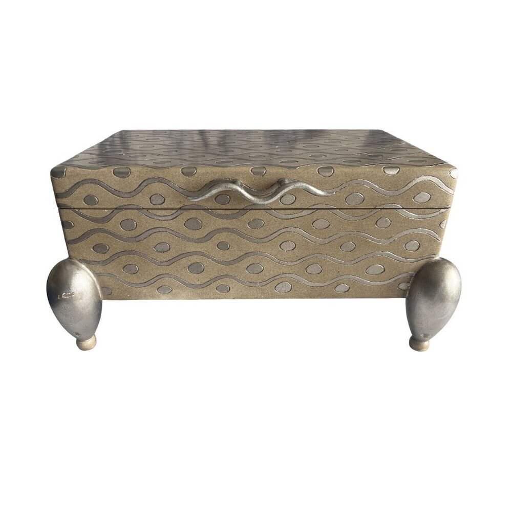 ART DECO Silver & Taupe WAVE Box With Patterned Design & Ball Feet Home Decor